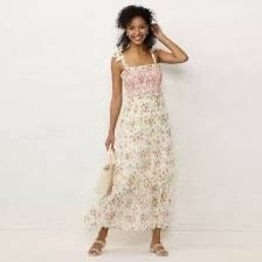 LC Lauren Conrad Size L Tiered Prairie Dress Cream Floral Country Cottagecore